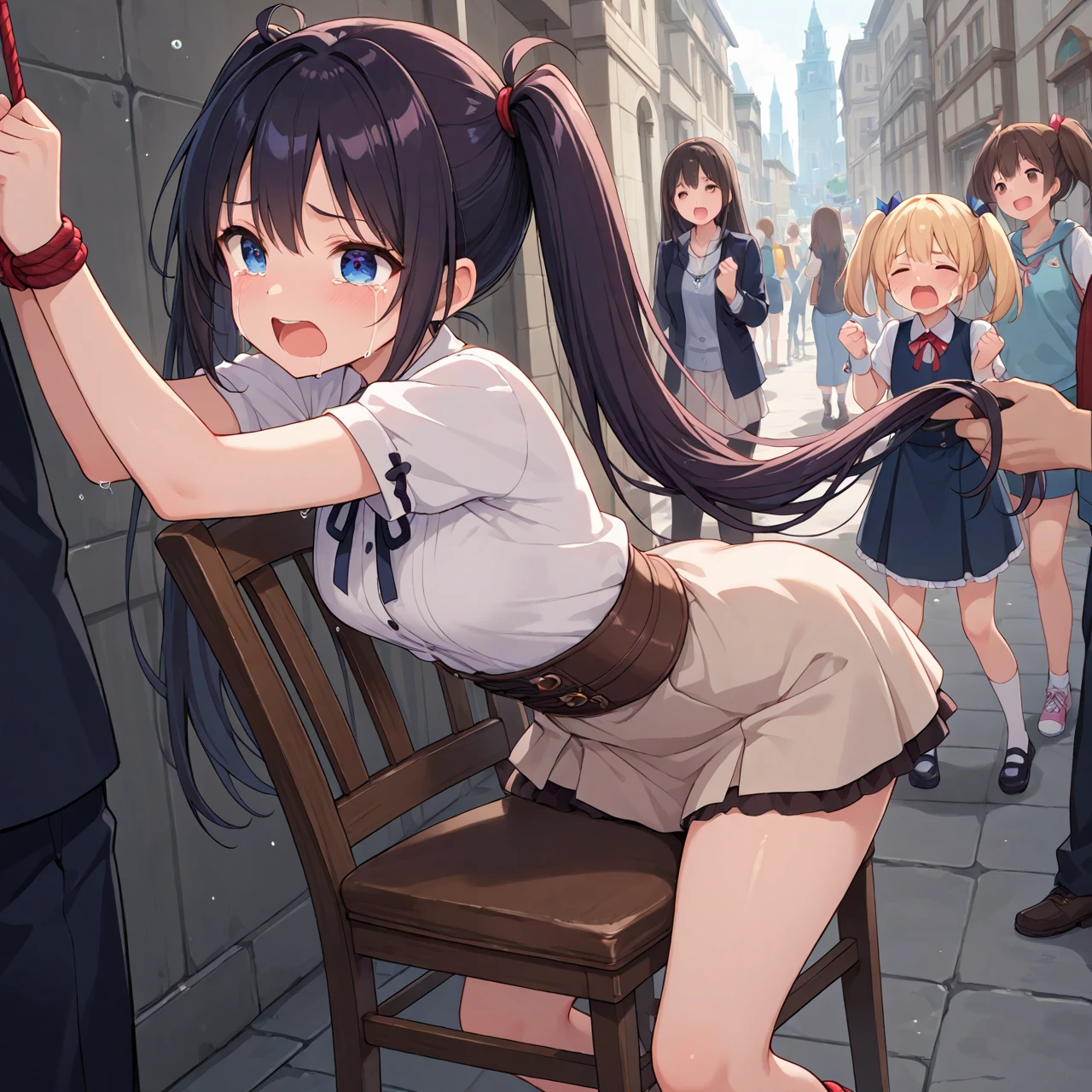 (1man:1.8),group,1girl, (crawl on all fours:1.3),short ponytails,beautiful girl,17 years old,,highschool student,akb48,nogizaka46,small breasts,skinny, brown hair,standing,(The woman is completely naked:1.7),fullnude,pussy,cry,tears,(collar:1.2),(restrained:1.2),(shackles:1.4),bdsm,public indecency,road in residential area,road,,Buildings outside,collar, (leash:1.4),(fullbody:1.3),A man takes a naked woman for a walk,The man holds a leash in his hand that connects to the woman's collar,man is 30 years old,
man is dog trainer,A man is training a woman,from side,