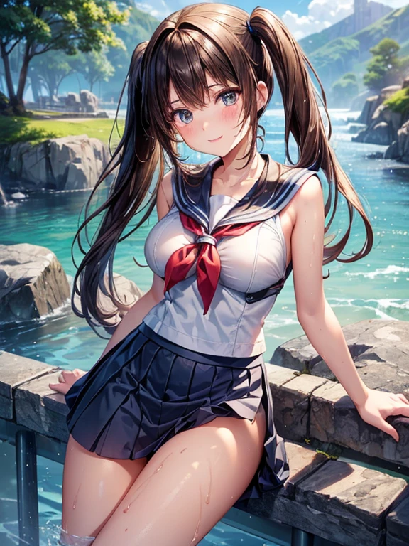 school girl twin tails hair , (masterpiece, best quality:1.2), in the bathtub, school girls , smile, looking at viewer, jk school girls outfit, tight shirt , wet clothes, soaked, wet hair, wet skin, translucent, glistening with oil , dishevelled , skirt dark red , plaid skirt , pleated skirt , Tight shirt , white Shirt , school girl , red knot , red bow , school , skirt is adjacent to the chest , big breasts , big tits , showerhead