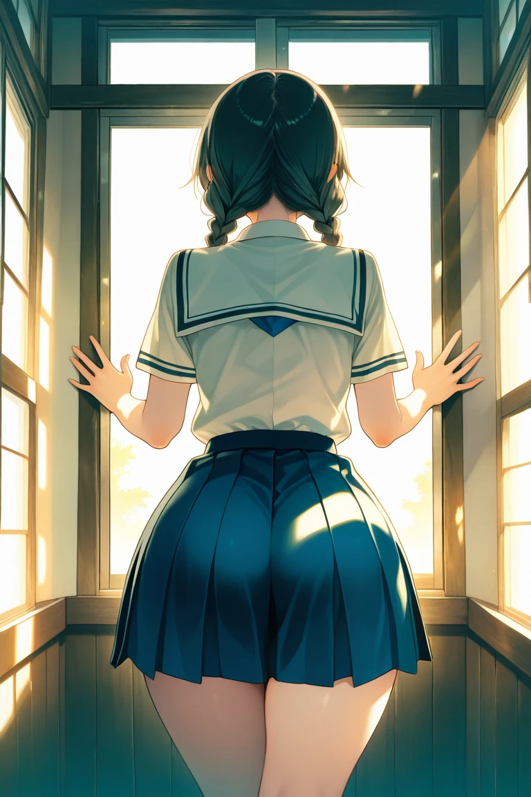 Highest quality,wonderful,finely,Highly detailed CG Unity 8k wallpaper, (High Contrast), Sailor suit, (Light blue striped underwear), (Beautiful ass:1.3),(Black Stockings),(Thighs:1.2)