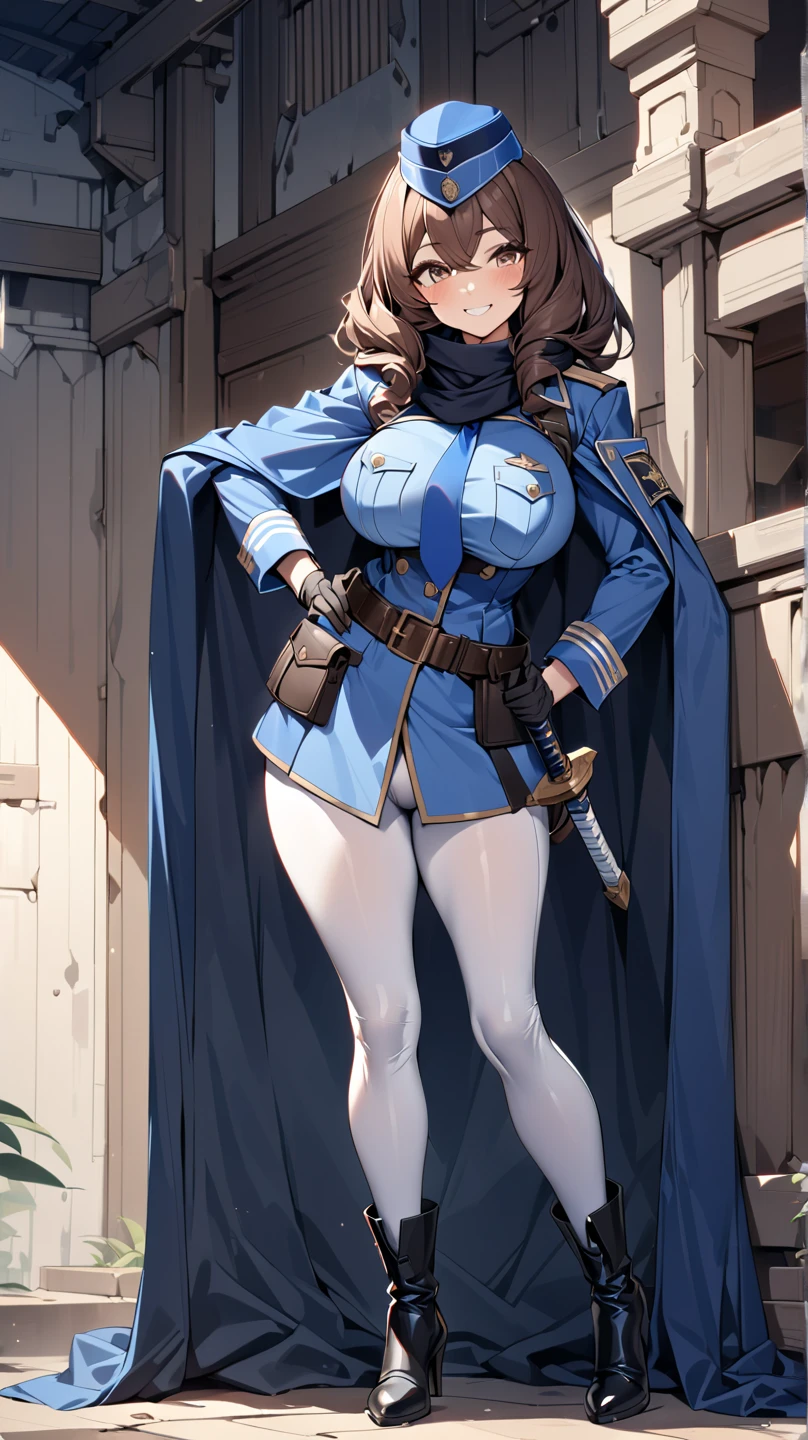 An adventurer guild officer girl, sexy body, big breasts, big hips, ((blue officer outfit, black scarf, blue necktie, blue officer cap, short cape, white leggings, black leather gloves, leather high heels boots, leather belts and pockets, sword on hips)), (dark brown long wavy hairstyle: 1), brown eyes, smiling, (cute expression: 1), beautiful face, detailed face, very detailed, beautiful eyes, high quality, detailed background, high resolution, 8k resolution, ultra high detail, beautiful skin, perfect body, perfect anatomy