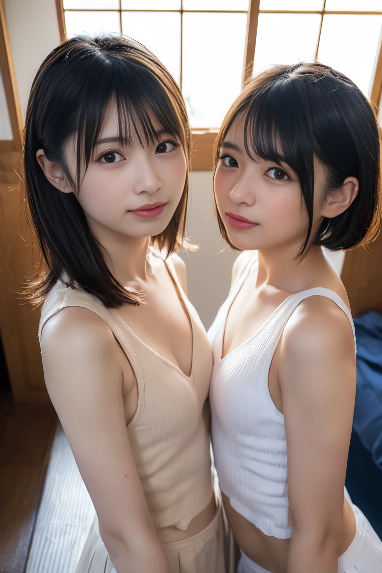 pieces fly, highest quality, ((highest quality、8K、masterpiece:1.3))、ultra high resolution、Physically based rendering、(realistic:1.37)、完璧な体の美しいtwo women:1.4、slim abdomen:1.2、Highly detailed face and skin texture、 red cheeks、white skin、thin waist,thin legs、highest quality,Super detailed,masterpiece,very beautiful 12 year old girl, (cute:1.2),perfect shiny skin,perfect skin,((Accurate hand without discomfort)), big smile, (brown hair),(short bob hair),(((upper body nude)))、(((full nude)))、((I can see your ))、(((lower body nude)))、(((I can see pubic hair)))、((snow scene))、river、((wet body))、(((Cheb is visible)))、necklace、(((two women)))、(((Two girls who are good friends)))、(((A woman touches her breasts from behind)))