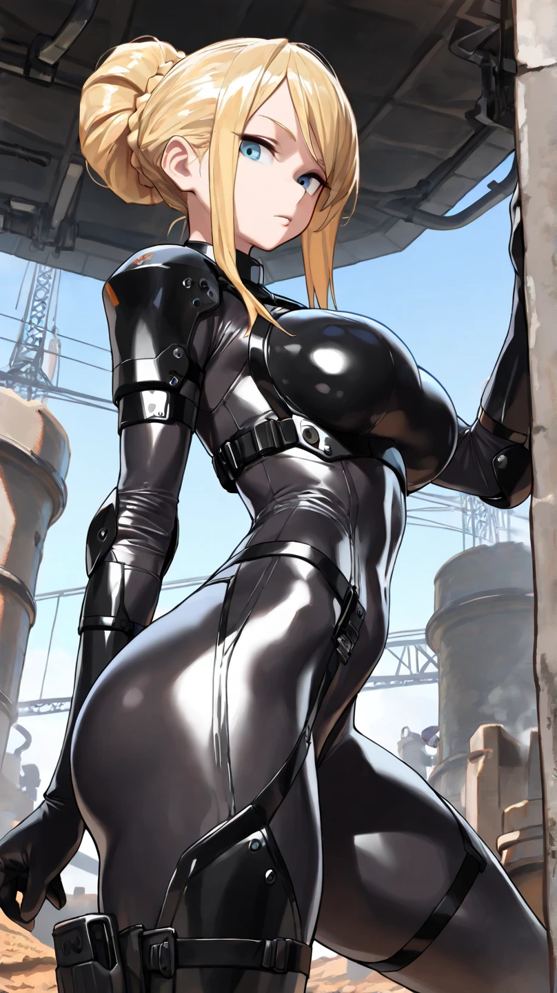 Seras Victoria,  milf, old woman, (( Venus body)), yellow hair, body suit latex, ((traje de látex,   flushed, smile coqueta, black lipstick)) , (( flushed, smile, oiled skin, blue eyes, fornida)), picking up her breasts, (( rubor, Caderas anchas)), Skinny body, (( big sagging breast )), long legs, open legs,Iparuputsua, standing, ((de pie)), on the beach at night, city lights in the distance, Cancun, image from below