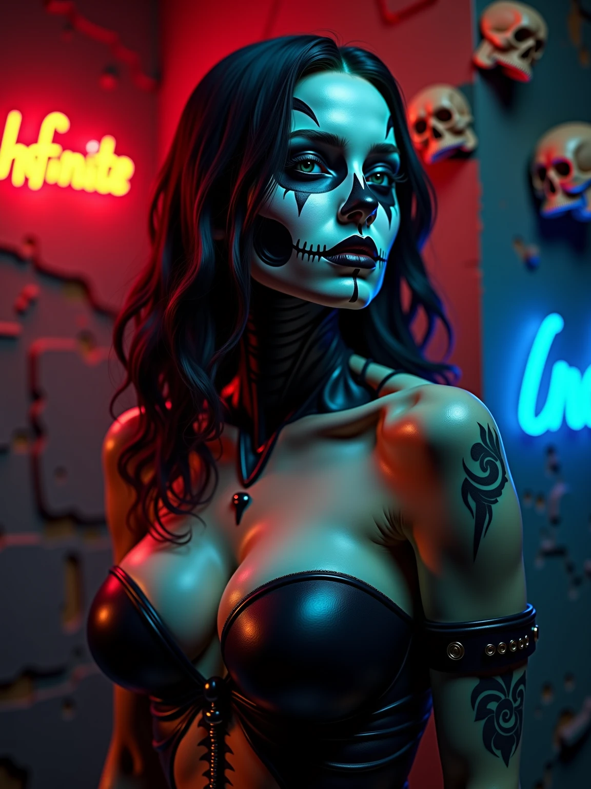 a woman with a skull mask on her face, popular on art station, tattoos and piercings, waist - up, anime cgi style, girl in love, hyper real photo, gangster, haunting beautiful young woman, not face, the artist has used bright, 5 0 0 px models, shambala, grill, eyecandy, yakuza, background bar