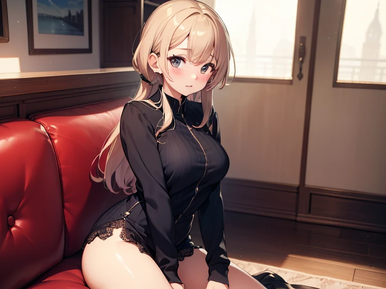masterpiece, hyper quality, hyper-detailed, perfect anatomy, 1woman, dramatic angle, seductive pose, a 28 year old woman is skinny and large breasts, beige colored skin tight sweater with scoop neck and long sleeves, dress pants, high heels, cleavage, (crop top navel,:0.5)