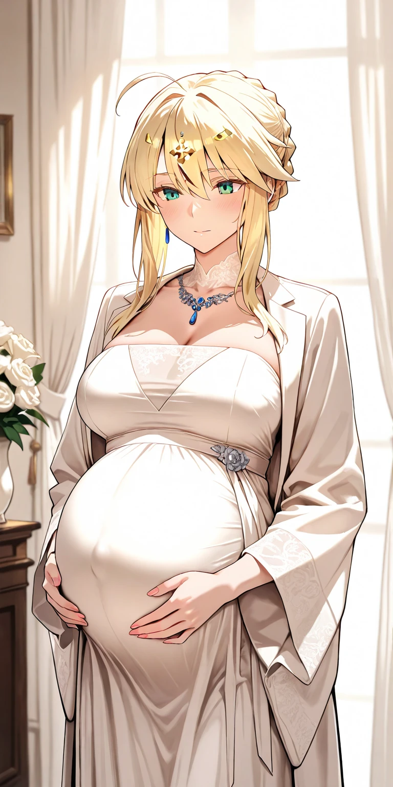 (masterpiece, best quality:1.2), solo, 1girl, hair over one eye, blue eyes, Gentle smile, Make up, Pregnant, American house interior, Maternity dress,