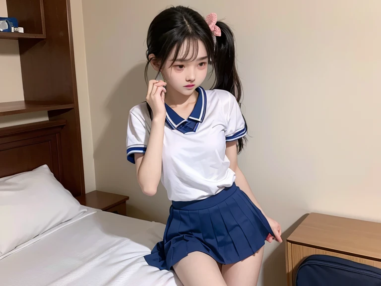 looks into camera,Pupil correction,Best quality at best,tmasterpiece,超高分辨率,(realisticlying:1.4),teens girl,Juvenile,Wear socks,High ponytail