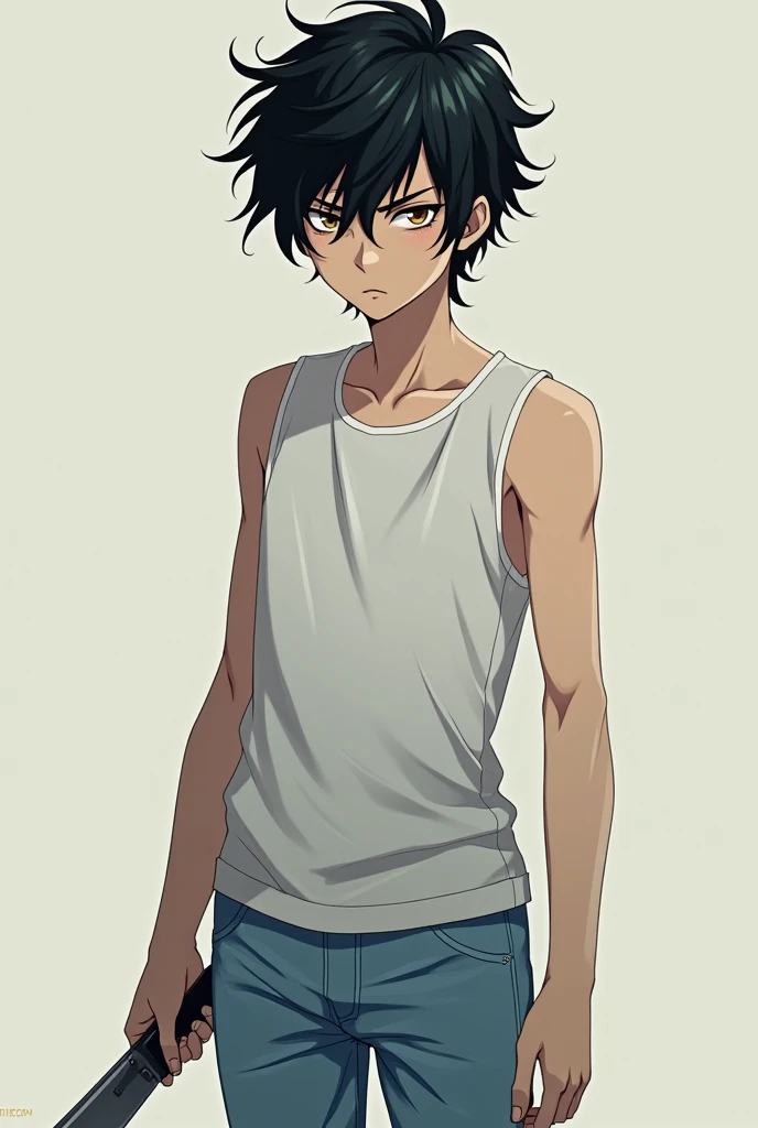 Create an anime-style illustration of a teenage boy. He should have a similar pose and expression to the girl in the reference image. The boy should have short, slightly tousled hair. He is wearing a light grey loose shirt with rolled-up sleeves and a black ribbon tied around the collar. His outfit should also include a black skirt (or you can opt for black shorts or pants to suit the male character) and a black backpack. The background should be a plain light color to match the reference image.