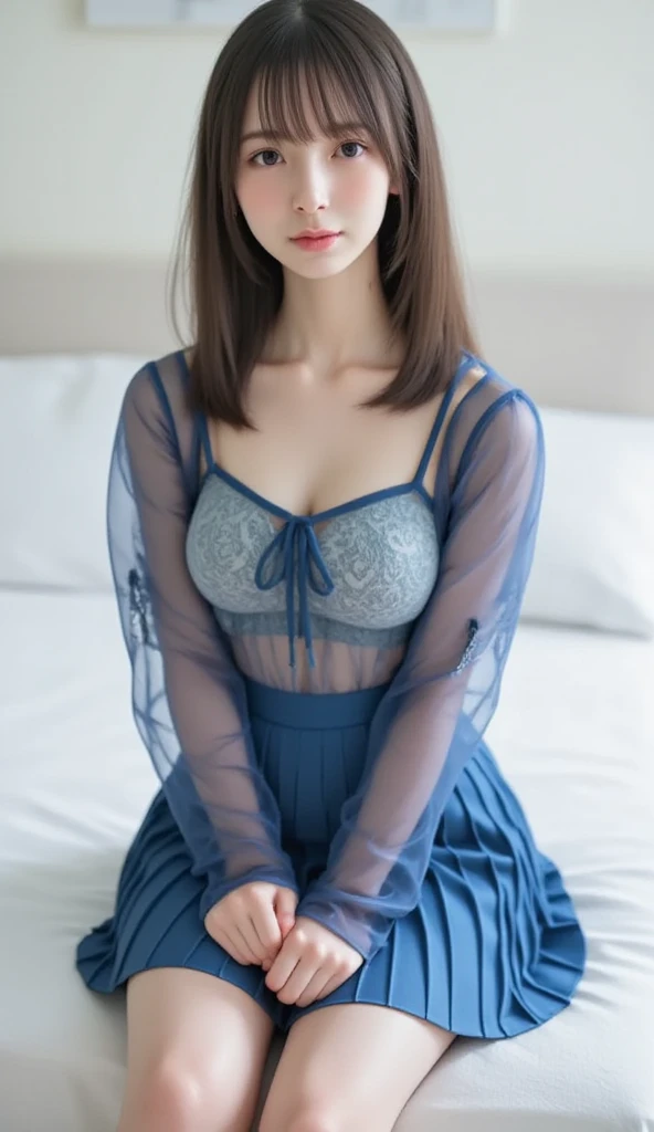 (Very cute 20 year old young woman from Japan),  ((delicate hair between brown and blonde)), ((messy side wave short hair)),(((Slender and slender body type)))，medium bust size､small tits､ (((Clean hands)))，(Curly hair)，(((Very sweet smile))), (((she wears black lace panties)))，(((she is wearing a light blue knitted dress))) ((of the highest quality, 16 K, masutepiece: 1.3)), Light on Face, hyperdetailed face, very detailed lips, Detailed eyes,