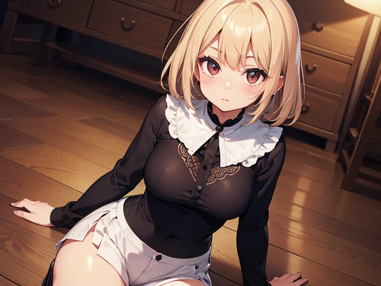 Cute-sexy girl with short blonde hair, yellow eyes and wearing royal clothes, The drawing has to be of a view from under her skirt, while she looks down With the white background, her panties have to be wet