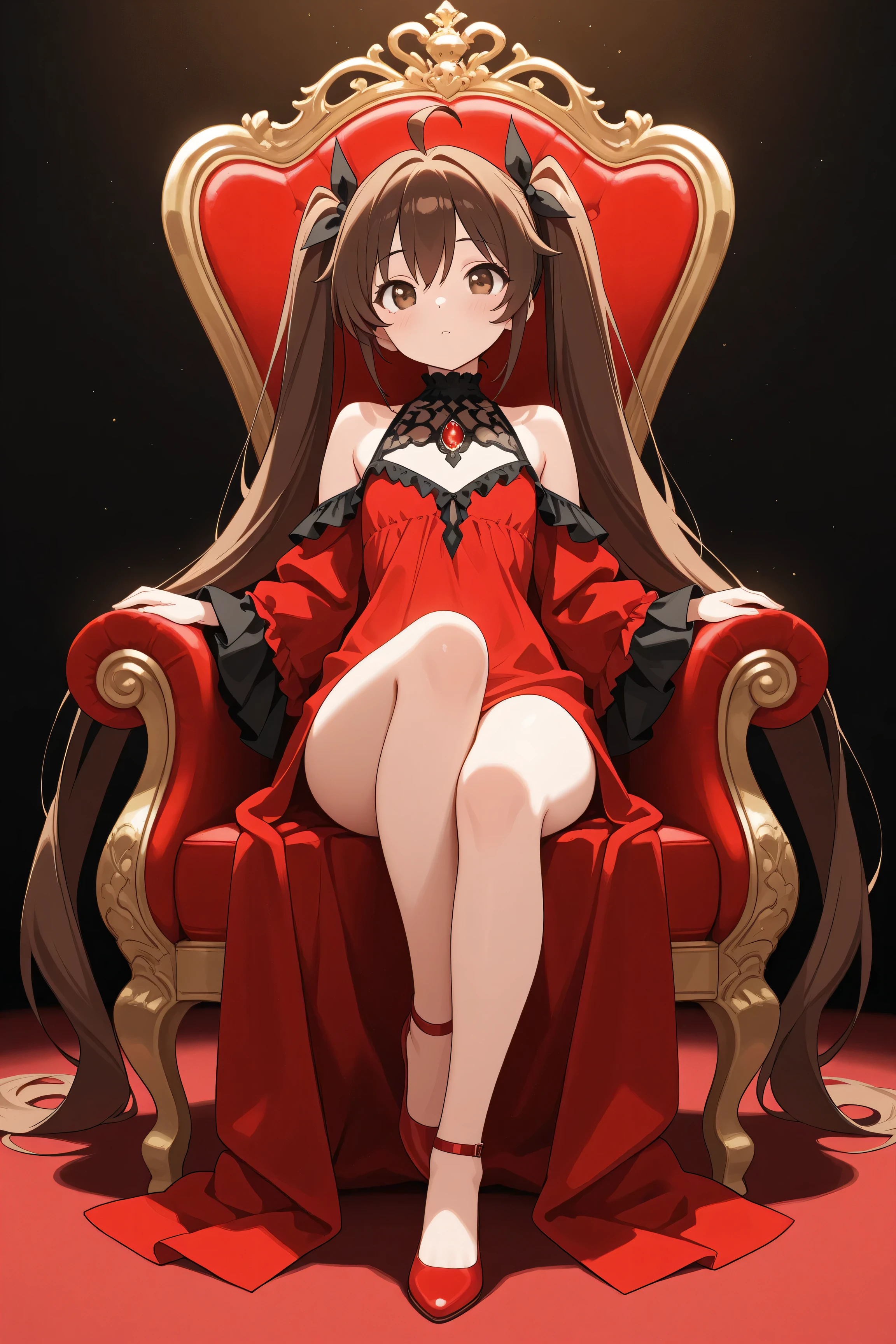 masterpiece, best quality, high resolution,4K, highly detailed, ultra detailed, ((detailed beautiful eyes)), full body, Alone, 1 girl, Adult women, Dark brown hair, Ultra long twin tails hair, half twin hair, wave long hair, brown Eyes, ahoge, Small , Queen of Gambling, sitting on a throne