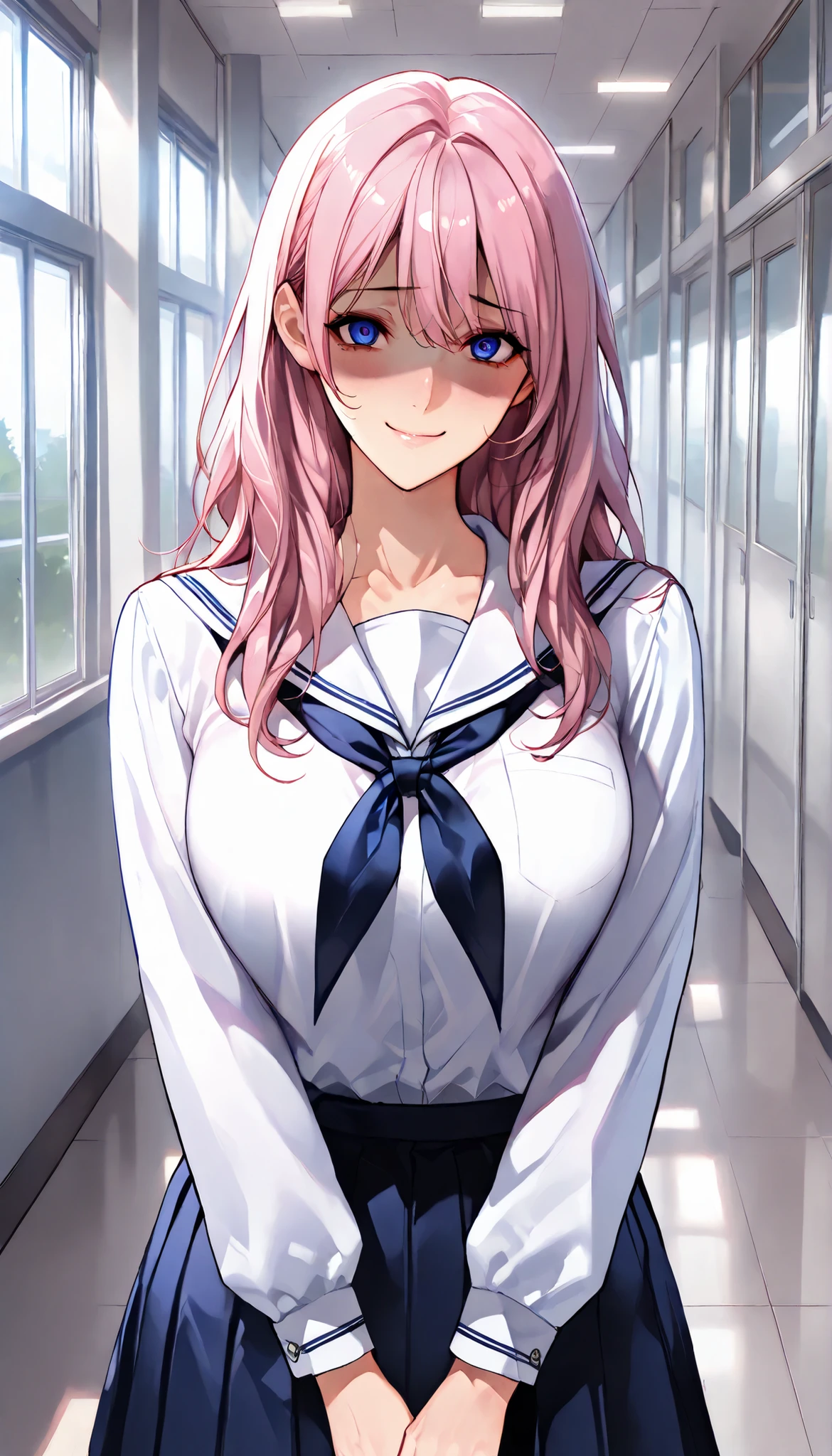 SOLO,Modern Backgrounds,A female with slim body(older girl),blue eyes,shiny skin,(Wearing A loose JK skirt),(White school uniform),In The school,(Yandere),light smile,Pink long hair),UHD, SOLO, anatomically correct, masterpiece, textured skin, high details, highres, 1080P, 16k, accurate, Beautiful face, Beautiful Nose, Perfect face, Highly detailed beautiful face and eyes, Attractive face, Detailed face, Delicate facial features, Detailed skin,(Upper focus)