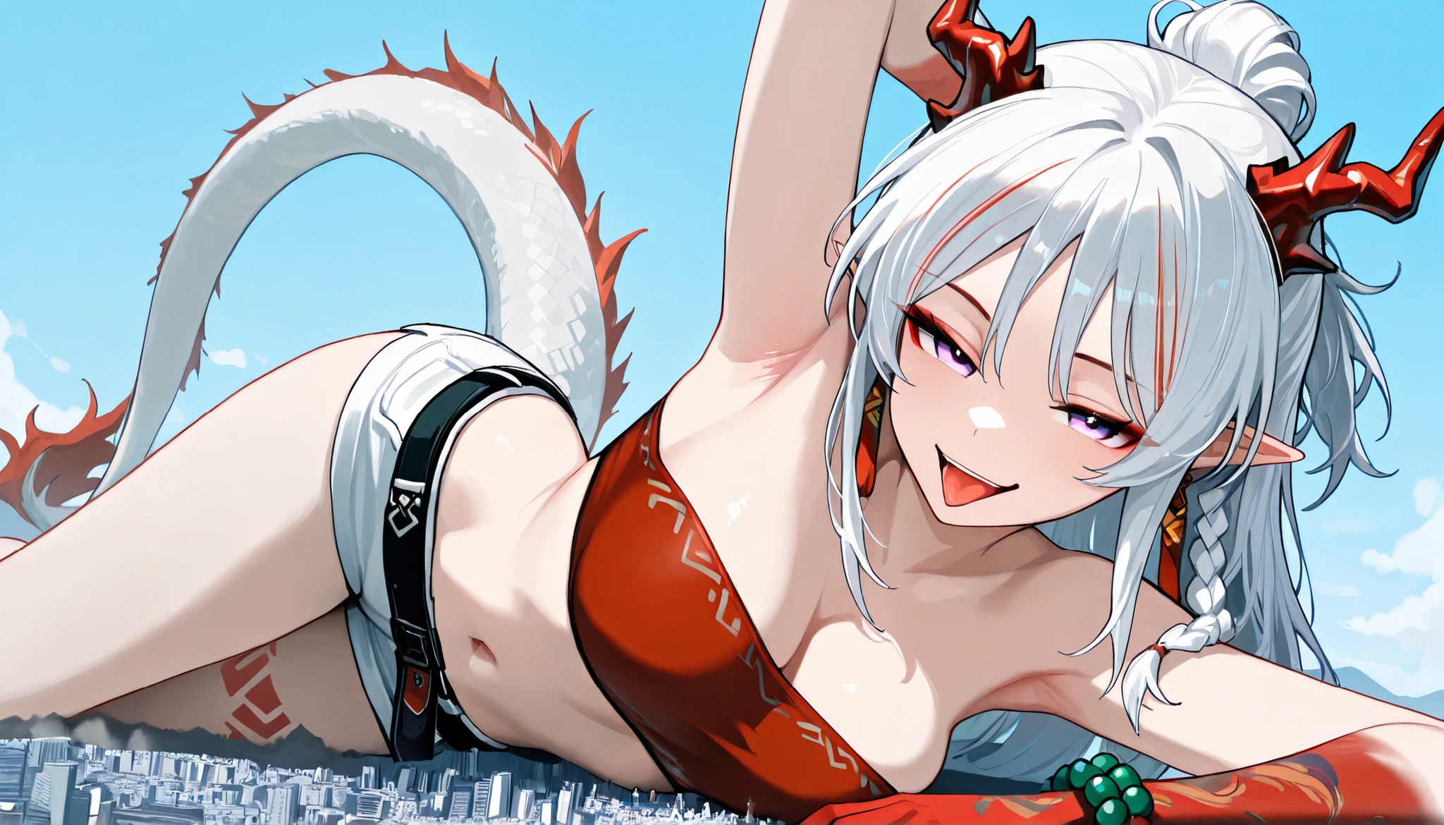 1 Girl、Lift your own chest yourself、(red cat eyes)、(((独奏))),Silver hair、(twin tail hair:1.5)、（DEMON horns）、See-through swimsuit、Summer Sea、Sandy Beach、evil grin、BIG breast、Cat tail、