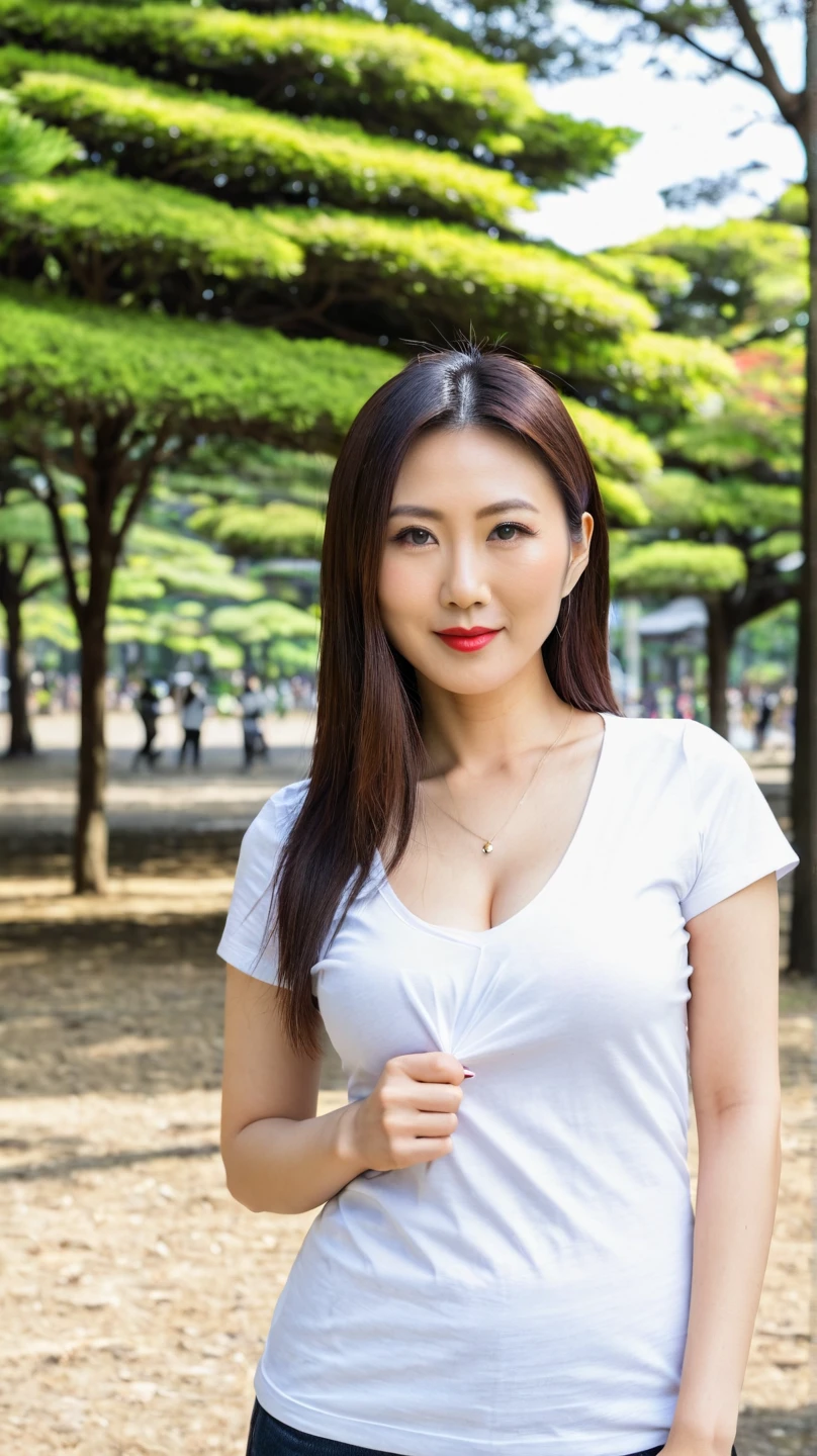 highest quality, 8k wallpaper, masterpiece, Photoreal, chubby beauty, 28 years old, Bulge of the bust, cleavage, plump thighs, Highly detailed face and skin texture, delicate eyes, double eyelid, chubby face, thin lips, laughter, ((Plain V-neck T-shirt)), (shorts), standing posture, city street background, (straight hair)