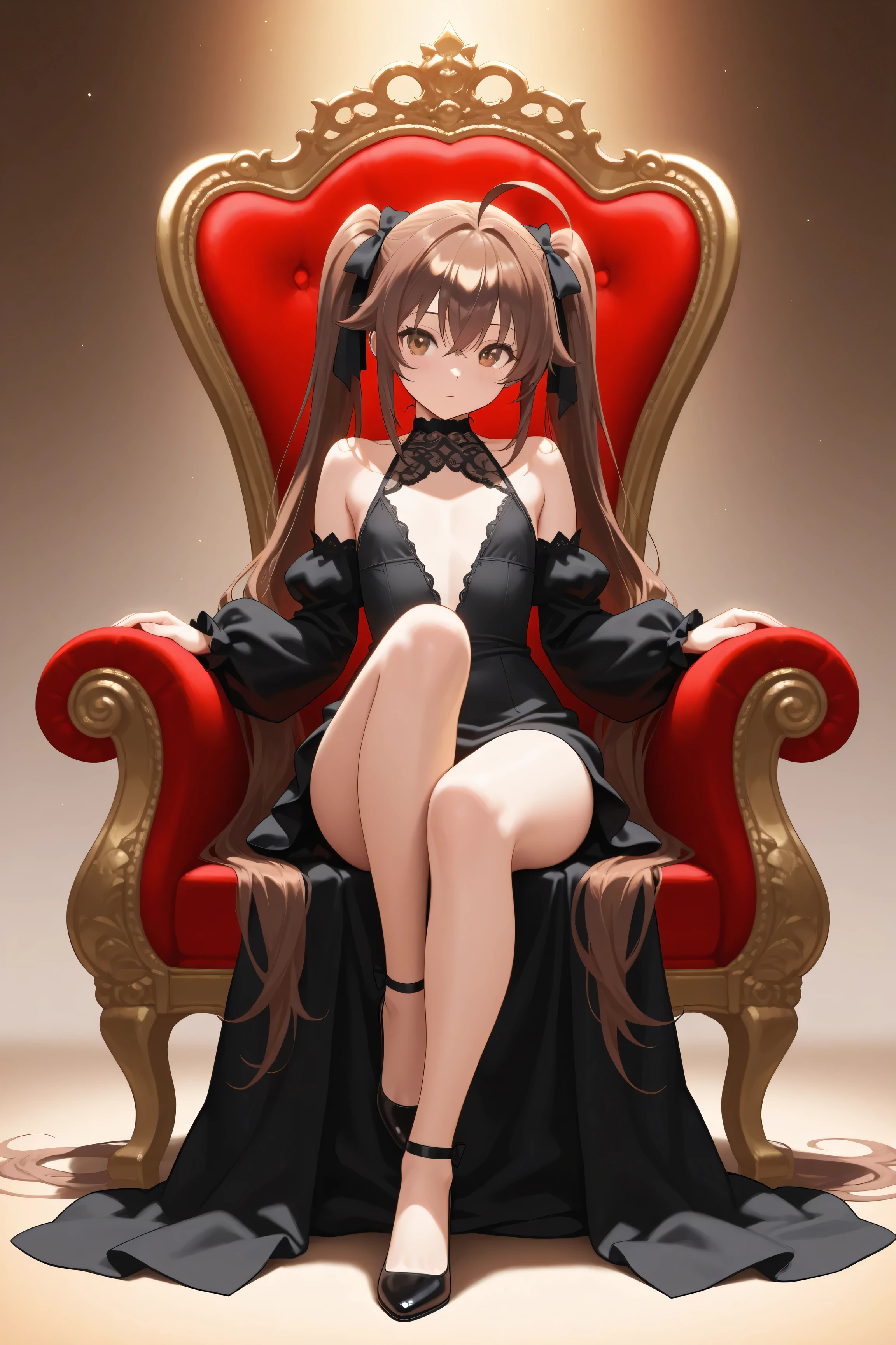masterpiece, best quality, high resolution,4K, highly detailed, ultra detailed, ((detailed beautiful eyes)), full body, Alone, 1 girl, Adult women, Dark brown hair, Ultra long twin tails hair, half twin hair, wave long hair, brown Eyes, ahoge, Small , Queen of Gambling, sitting on a throne