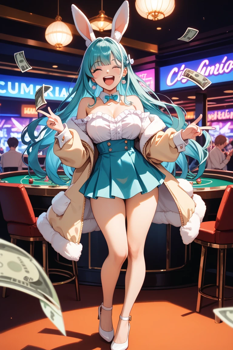 (Highest quality, 8k, 32K, masterpiece, Ultra-high resolution,:1.2),to be born, One Girl,So cute , Casino-like fantasy background, clear, Shining Eyes, Age 25 ,Fair skin, Girl with colorful hair, Fantasy Clothing, Short Hair, An innocent smile, Small Dress, night, Bunny girl, Rabbit Ears,Nyan Nyan Pose,sexy,Large breasts,Huge