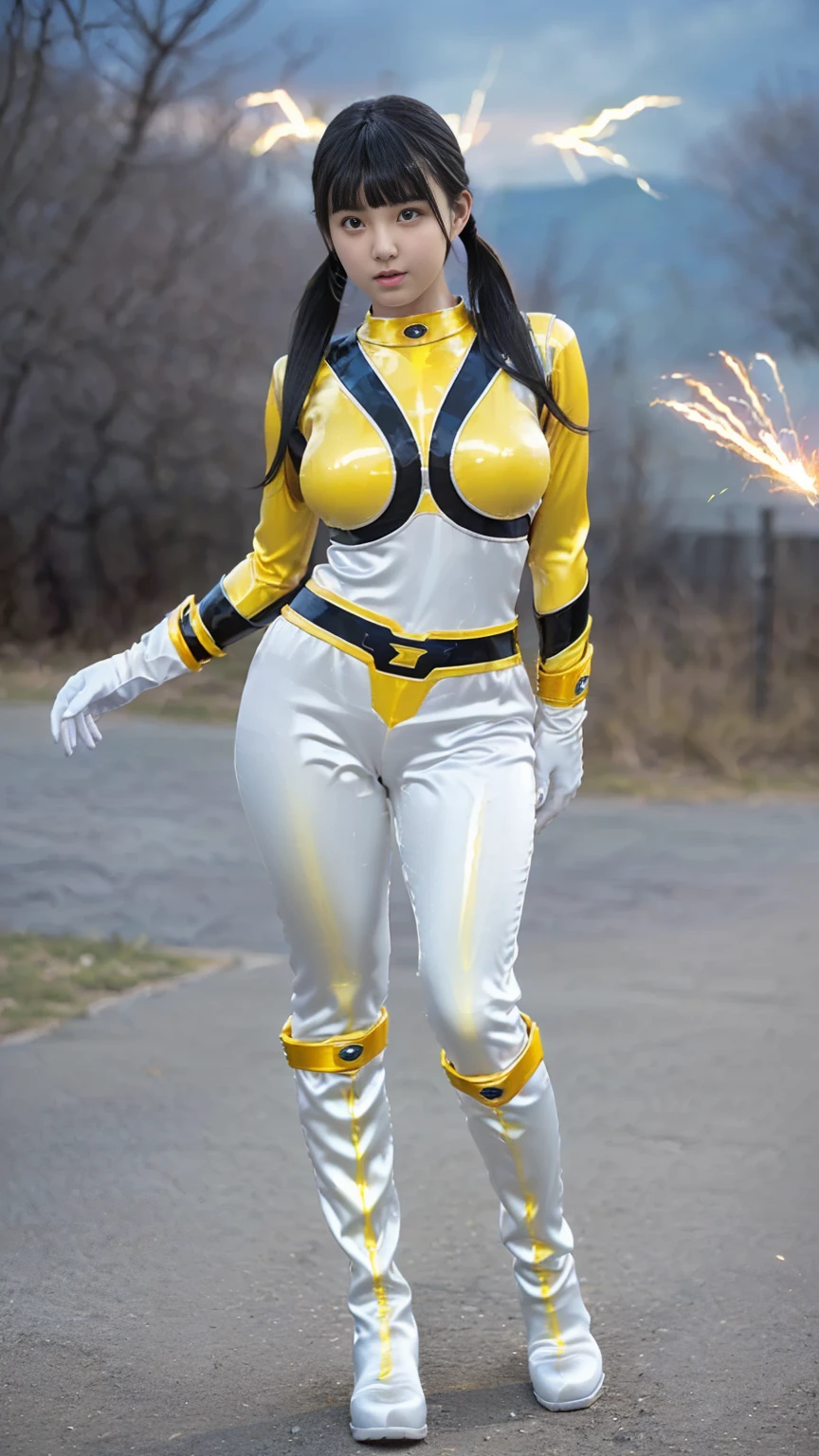 white korean girl, blonde hair, with a yellow futuristic and technological armor, scarf, Gloves, Boots, action movie pose, yellow fire and smoke background in bedroom, detailed, realistic, 4k, cinematic.