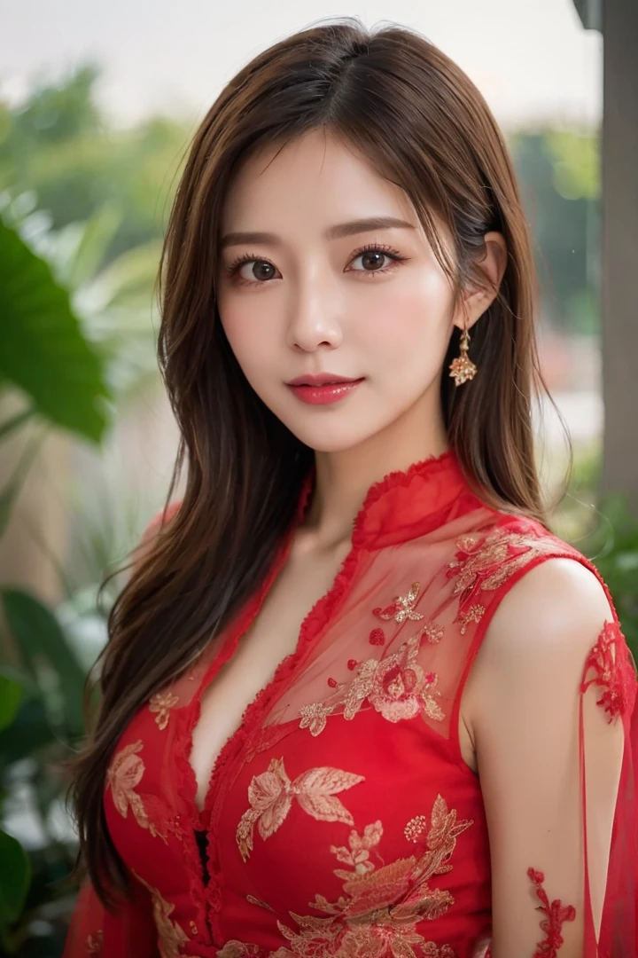 masterpiece, highest quality, Realistic, Very detailed, Finer details, High resolution, 8k wallpaper, One beautiful woman,Wear Scarlet's see-through shirt, In a great restaurant, At night, Light brown messy hair, Perfect dynamic composition, Beautiful and beautiful eyes、Big earrings