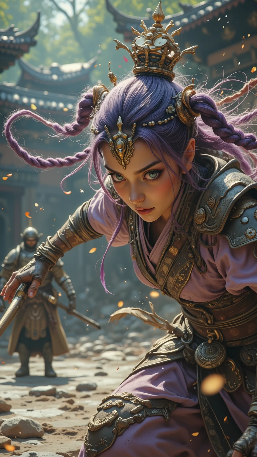1girl, ((cinematic light)), colorful, hyper detail, dramatic light, intricate details, best quality, (extremely detailed CG unity 8k wallpaper, masterpiece, best quality, ultra-detailed, best shadow), (detailed background:1.4), (beautiful detailed face, beautiful detailed eyes), High contrast, (best illumination), ((girl)), solo, pink Sasuke hair, super saiyan hair style, Sakura hair style, Teal medieval breastplate, violet intricate samurai pants, brown fur belt, combat stance, dnd,  high fantasy medieval background, magic, dynamic angle, beautiful detailed glow, full body, fist, punching, martial art