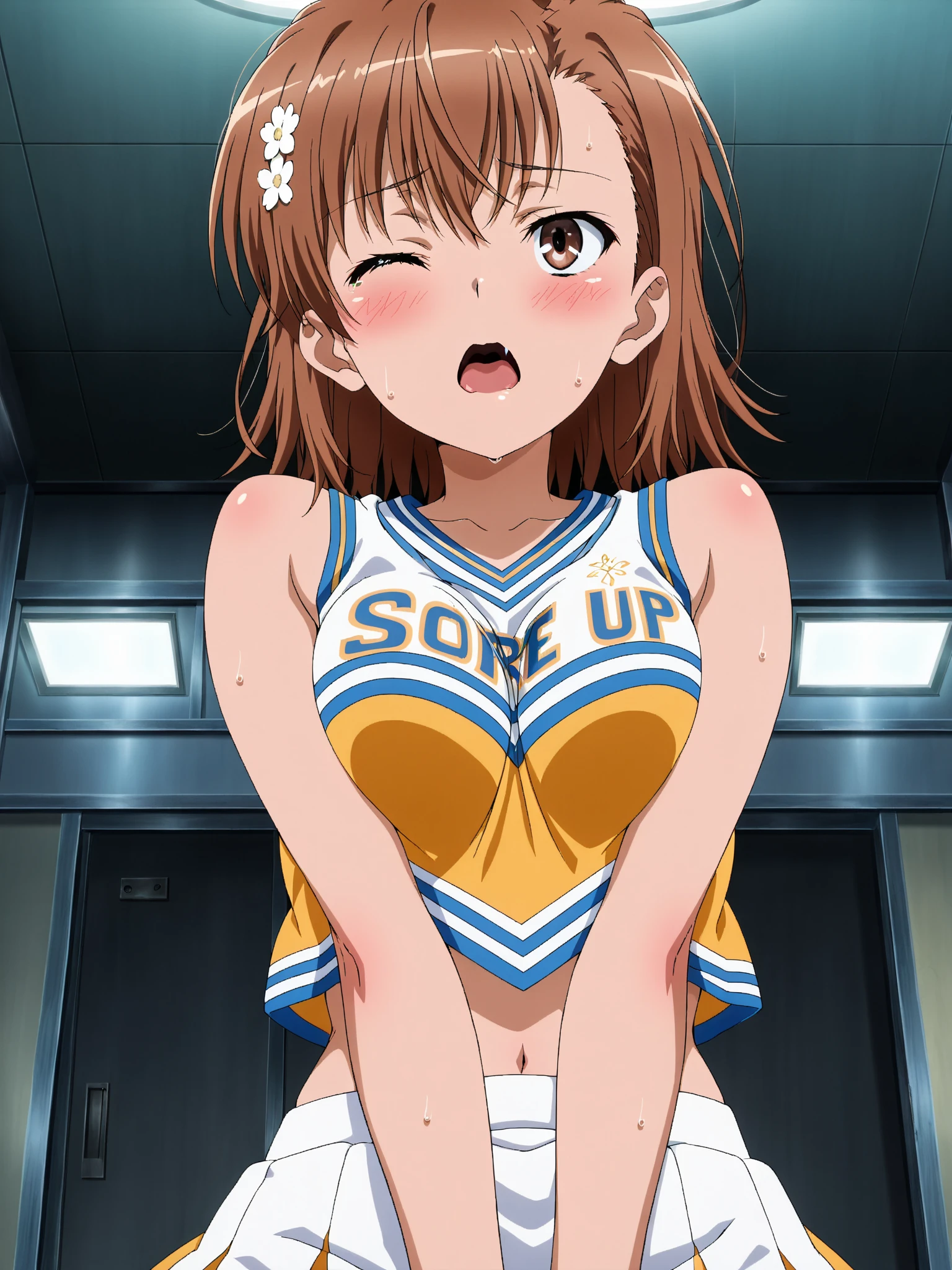 (Feminization、cheerleaders、makeup)、(masutepiece, Best Quality)、blushed、Embarrassed face、Teary-eyed、short-hair、full body Esbian、feminine breasts、ligh brown hair、Shiny skin、(1girll: Naughty blush, Sweat flows)