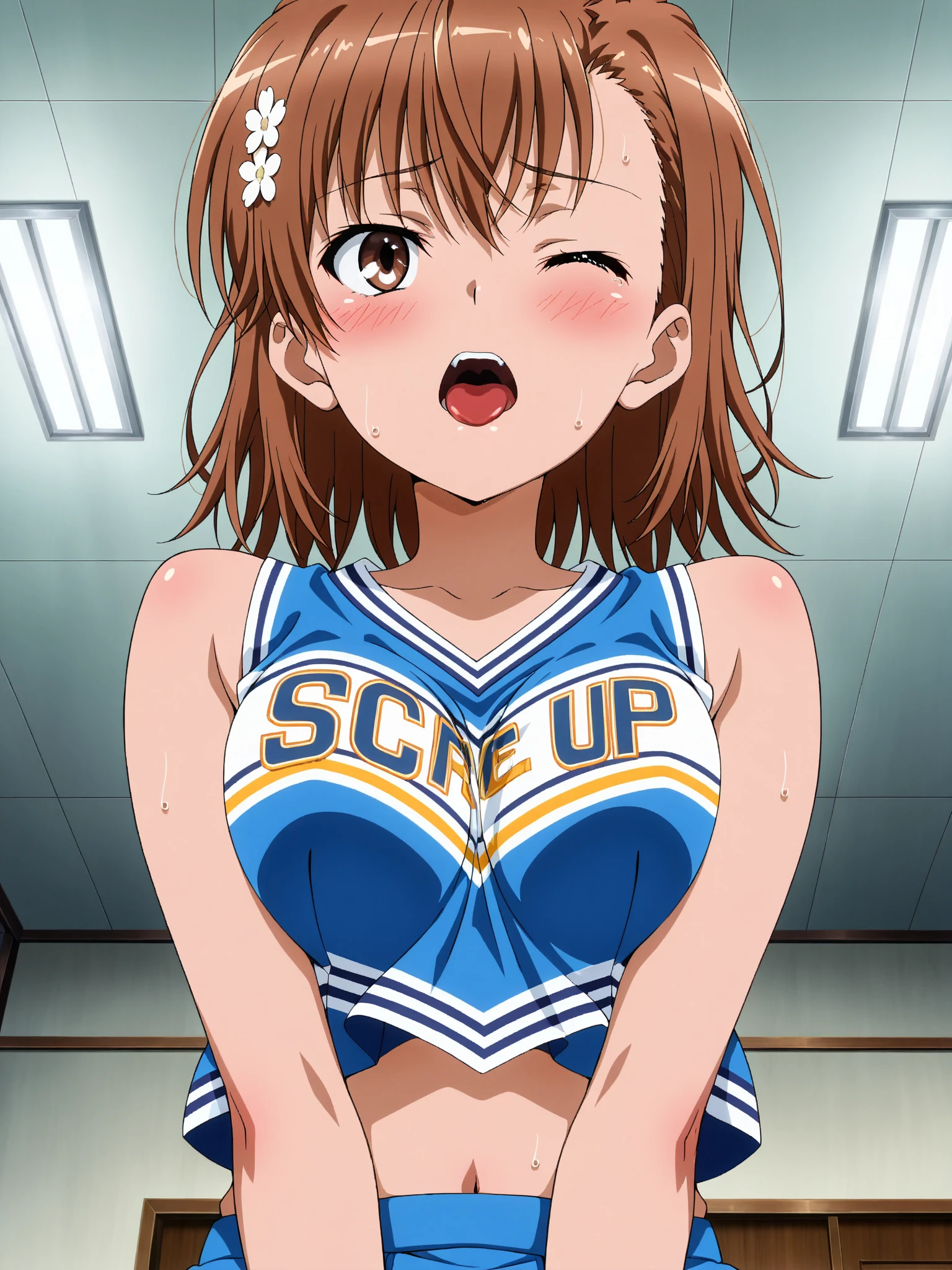 1woman having sex,hyperrealistica,mature woman,pov,rolling up eyes,flying heart-shapes,shaking effect,black hair,open mouth,spreading legs,missionary position,saliva,shouting bubbles,curvy body,,cheerleading costume,happy orgasm,at elegant bedroom,(curvy mature body:1.2)