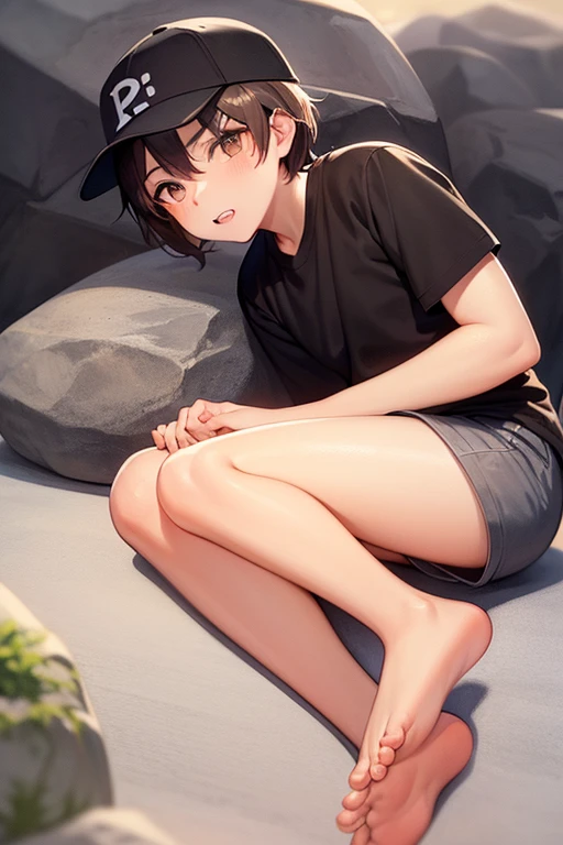 tomboy, young teen, barefoot, countryside, dirt road, short black hair