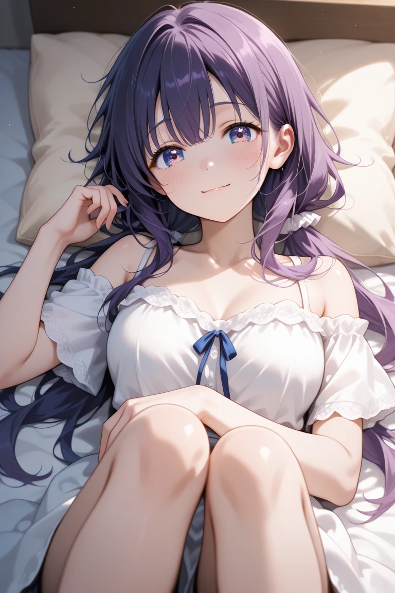 score_9, score_8_up, score_7_up, source_anime, 1girl, dark purple hair, brown eyes, ponytail, babydoll, large breasts, happy, lying, sexy pose, on bed, bedroom, hotel,