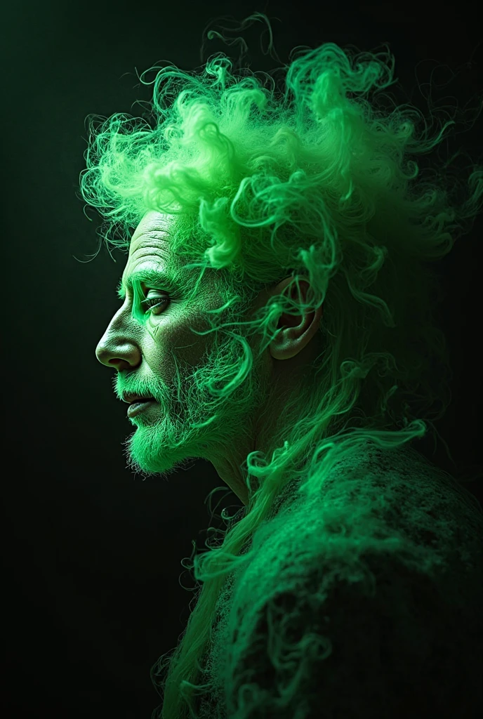 Man with long curly hair holding a large cigarette with huge green smoke, Image Style, bizarre caricature, giant head