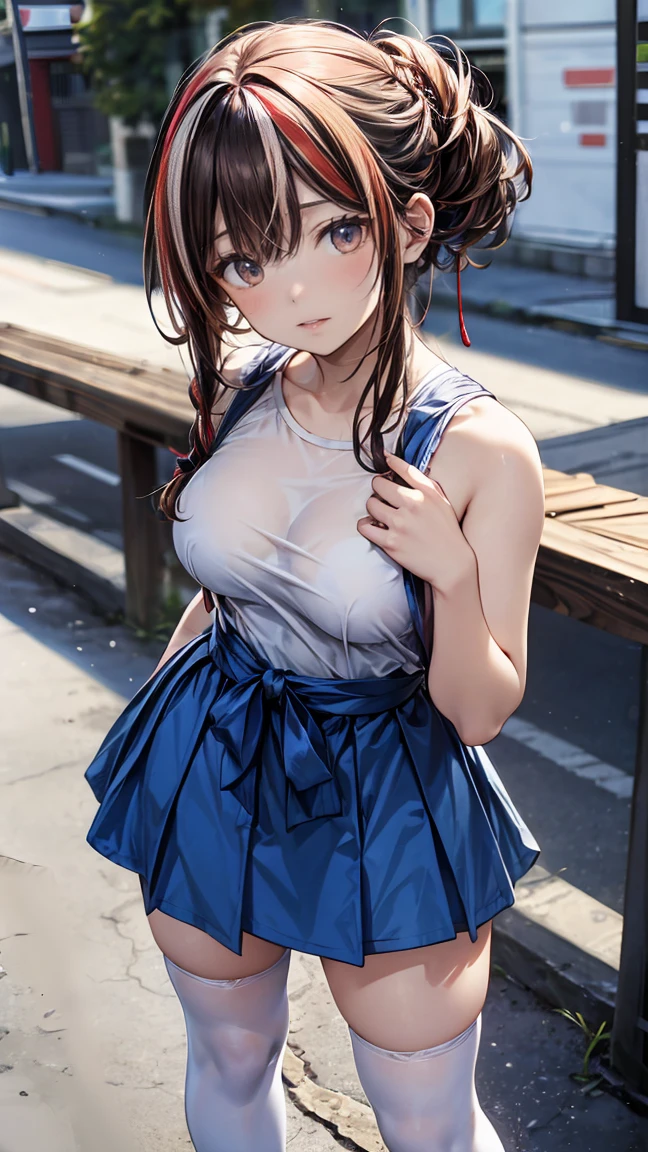 (perfect body),of the highest quality,(8K Portrait),(official art)、(((Caution when browsing)))、((embarrassing))、(((blush))),(((huge breasts)))、((big ass))、((Orange hair),((by the wide))、((straight hair、asymmetrical bangs、Forehead))、((blue eyes))、(((thick thighs)))、(((skirt lift)))、((white sleeveless shirt、blue tie、blue miniskirt、white panties、White feather hair ornament))、(((sweat、vapor)))、shadow of a building、During the day in the city