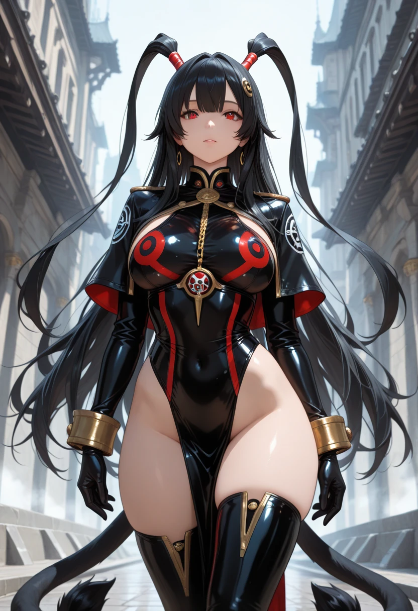 ultra-detailed, Explicit, Beautiful body, Beautiful Nose, Beautiful character design, perfect eyes, perfect face, ultra highres, 4K, beautiful legs, perfect legs, Nice hands, Perfect hand, Masterpiece, Best Quality, Highly detailed, illustration, absurdres, perfect anatomy, street fighter, doll suit, shadaloo doll, dollsuit, expressionless, blank eyes, looking at viewer, red gloves, emotionless, black latex, corrution, mind control, female combatant, full body, hypnotized, unhappy trance, full body suit, ribbed bodysuit, both arms at side, obey, perfect female body, extremely glossy latex, hypnosis, hypnoLora, empty eyes, Mind control device, poses, submissive_pose, Slave, standing straight, standing, standing at attention, hat, necktie, belt, latex, ribbed bodysuit, thighhighs, garter belt, Fighting Stance, extending the right arm from the shoulder into the air with a straightened hand, military, thigh boots, black pantyhose, (((pixel-perfect, detail-perfect))), solo, 1girl, hair ornaments, very long hair, black hair, hair ribbon, yellow eyes, Dreamer, Girls Frontline, small breast