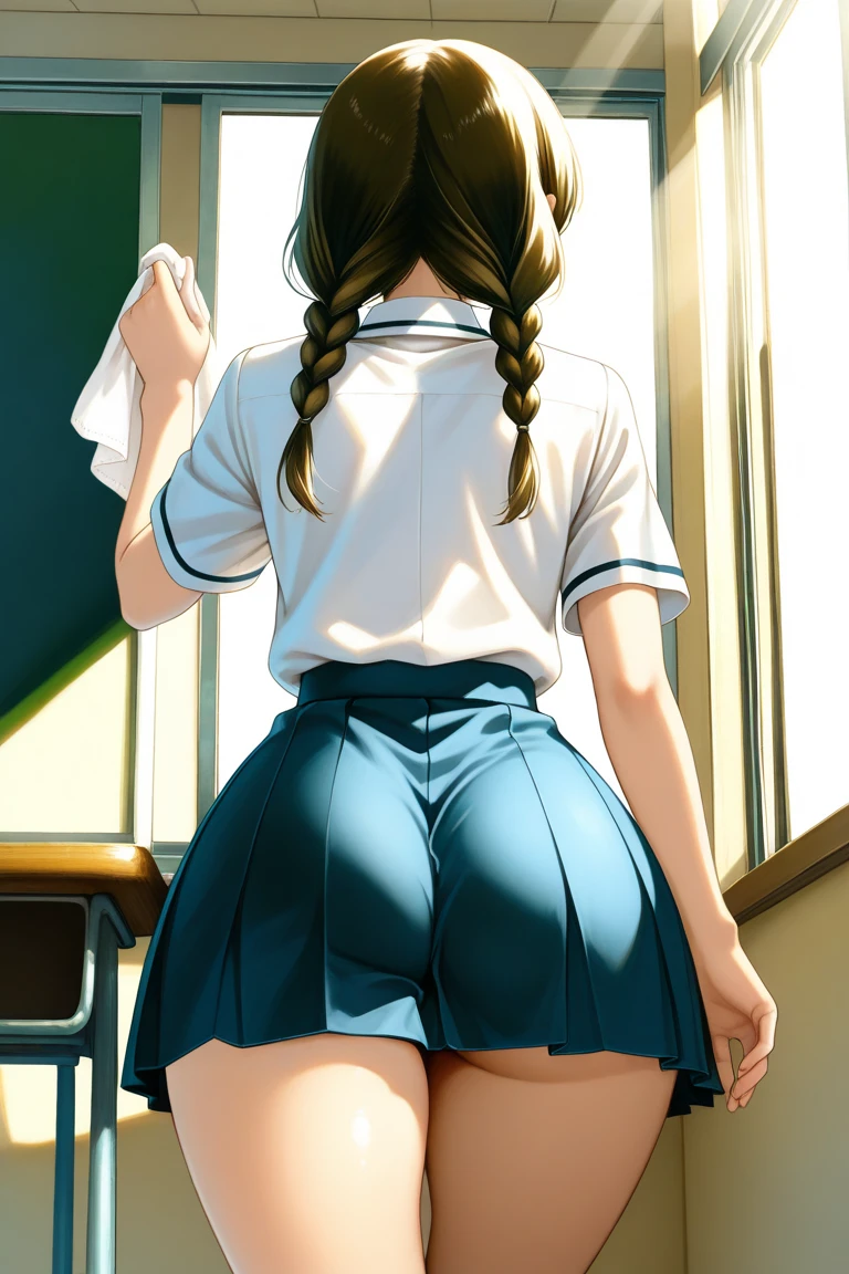 master-piece, hyper quality, hyper detailed, perfect drawing,Solo, high school girl, school uniform, miniskirt: (0.7), backwards, buttocks sticking out, big round buttocks, standing figure, ((panties fully visible)), tanned skin: (1.2), cute smile, cheeky smile, tan marks: (1.5), ( Buggy socks))), portrait, bust-up, shooting from the back diagonally below, dressing room, pulling down panties, hands on panties, beautiful background, meticulous drawing, accurate drawing.