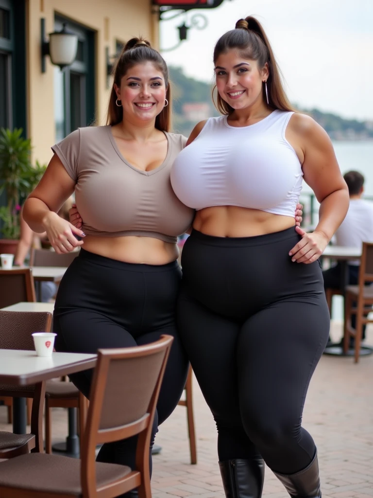 two women in jeans standing next to a pole with a tractor behind them, she has a jiggly fat round belly, thick thigs, powerful and huge, on a farm, thick body, two girls, skinny waist and thick hips, thicc, widest hips, beautiful thick female, wearing tight simple clothes, in the countryside, posing together in bra
