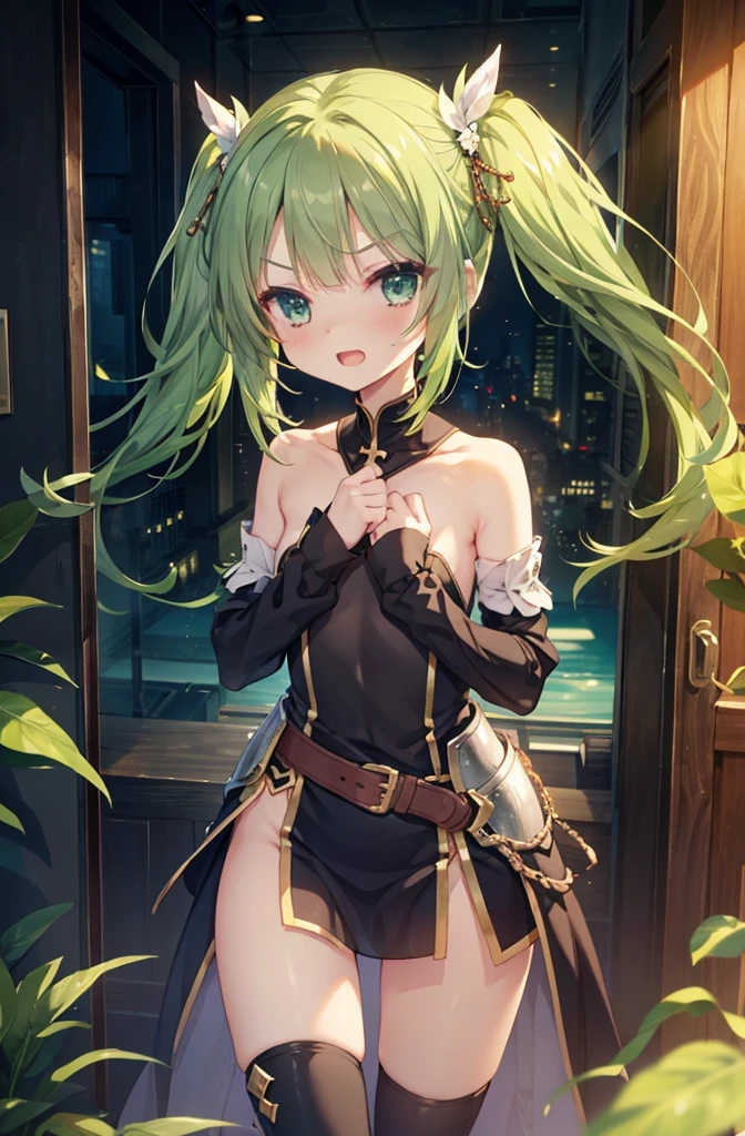 a sexy woman wear ninja , ninja outfit, on a tower, fog, soft light, (best quality), (masterpiece), slim, long legs, (flat chested), anime, (green hair), (view from above)