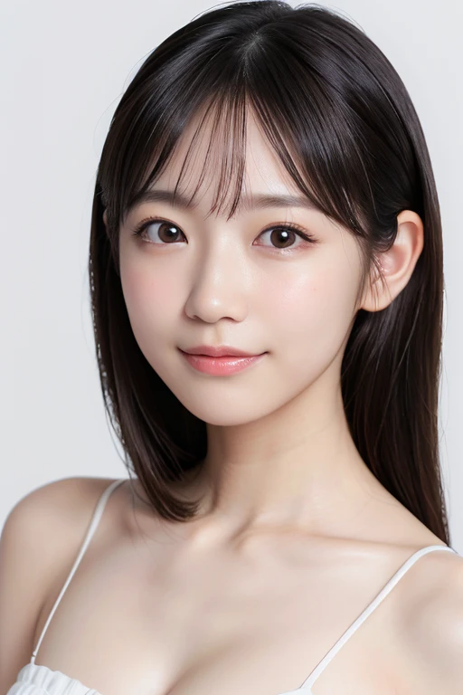 ((masterpiece, top quality, high definition)), 1 girl, (photorealistic: 1.4), solo, white background, snow-white background, mouth closed, happy smile, happy smile, pretty black hair, short hair, big eyes, clear double eyelids, eyelashes, ears out, long neck, long neck, absolute area, ((face close-up)), (drawing all head, shoulders), 19 years old, Attractive proportions, shiny skin, clean collarbone, golden ratio face, perfect face, teardrop mole, mole on chest, bangs, clean bangs, lip gloss, pale lips, pale skin, naked, big breasts, small face, small face, draw all head, draw all shoulders, from side, gaze staring at the camera