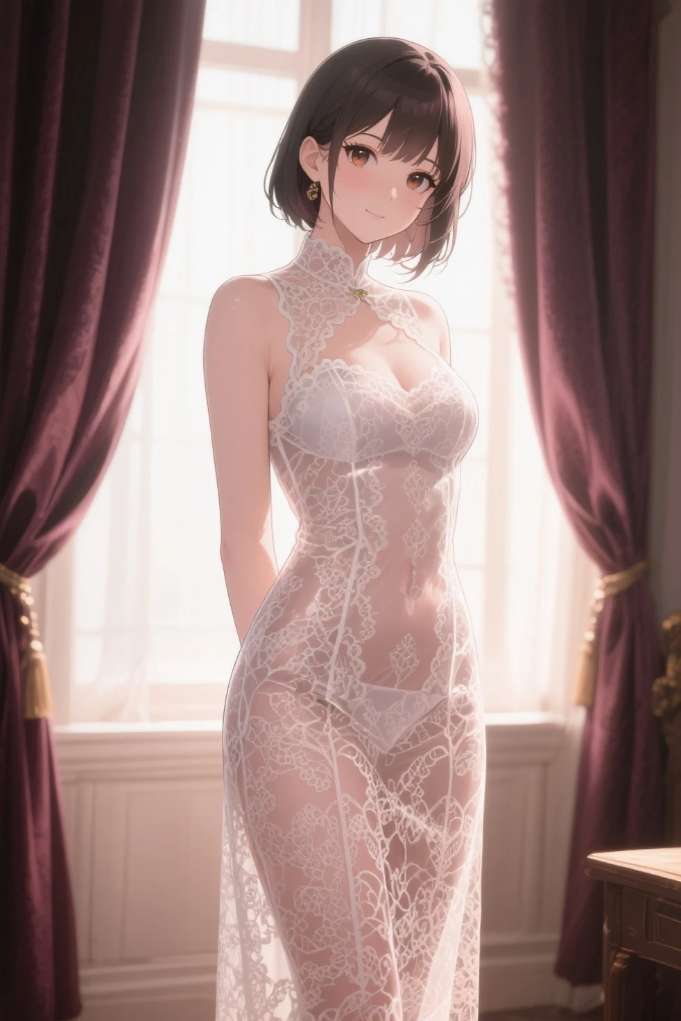 ((((1girl))), (((solo))), Caucasian white girl, 20 years old, black bobcut hair with a flower in her hair, dressed in a see-through nughtgown, she is not wearing underwear under the nightgown, in a room, night, she's standing, she's wet