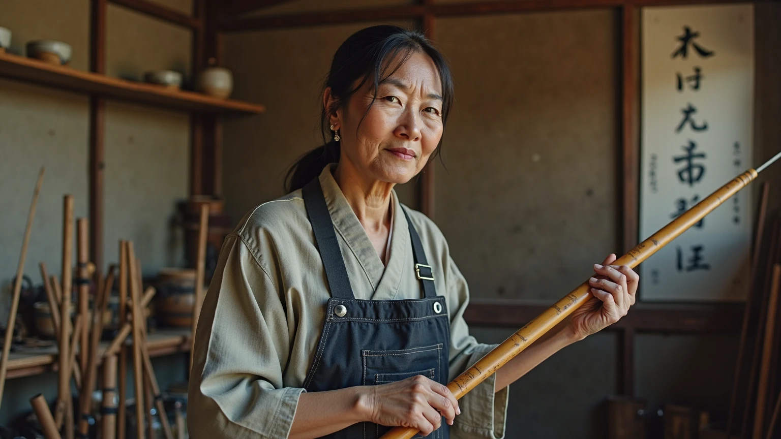 Japanese woman around 40 years old、with a calm expression、holding a bamboo Japanese fishing pole with both hands、and a sense of realism where pride and warmth coexist。
The location is an old Japanese workshop（Workshop）One corner。The background shelf and wall、camera angle is slightly low, close to the front, and {x} dozens of completed bamboo fishing rods are beautifully lined up、A quiet craftsman's air flows。
Women's hairstyles are tied to one with natural black hair、clothes are made for work and、Dark colored hakama pants。
There are fine scrapes and remnants of dyeing on the hands、makes you feel the weight of many years of skill and time。
, soft natural light shines in from the back、The background wall is faintly illuminated。
The background wall is written in ink on Japanese paper「Takumi」that makes you feel tradition and spirit、with the letter。
The light source is natural light in the afternoon＋Soft Interior Light、while looking carefully at the finish I'm obsessed The、Focus on the details of people and rods。
The atmosphere is quiet and focused、and a sense of realism where pride and warmth coexist。
The style is Asian Realism、Ultra Fine、Photo style、emphasizes realistic portrayals and natural shading。