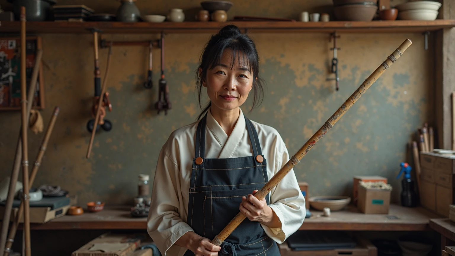 Japanese woman around 40 years old、with a calm expression、holding a bamboo Japanese fishing pole with both hands、and a sense of realism where pride and warmth coexist。
The location is an old Japanese workshop（Workshop）One corner。The background shelf and wall、camera angle is slightly low, close to the front, and {x} dozens of completed bamboo fishing rods are beautifully lined up、A quiet craftsman's air flows。
Women's hairstyles are tied to one with natural black hair、clothes are made for work and、Dark colored hakama pants。
There are fine scrapes and remnants of dyeing on the hands、makes you feel the weight of many years of skill and time。
, soft natural light shines in from the back、The background wall is faintly illuminated。
The background wall is written in ink on Japanese paper「Takumi」that makes you feel tradition and spirit、with the letter。
The light source is natural light in the afternoon＋Soft Interior Light、while looking carefully at the finish I'm obsessed The、Focus on the details of people and rods。
The atmosphere is quiet and focused、and a sense of realism where pride and warmth coexist。
The style is Asian Realism、Ultra Fine、Photo style、emphasizes realistic portrayals and natural shading。