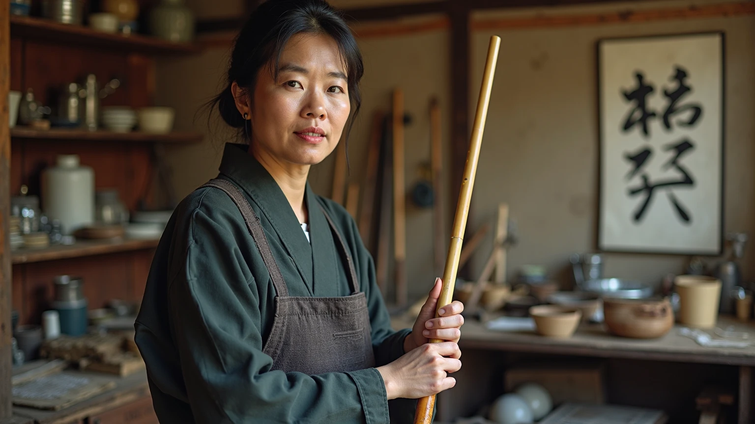 Japanese woman around 40 years old、with a calm expression、holding a bamboo Japanese fishing pole with both hands、and a sense of realism where pride and warmth coexist。
The location is an old Japanese workshop（Workshop）One corner。The background shelf and wall、camera angle is slightly low, close to the front, and {x} dozens of completed bamboo fishing rods are beautifully lined up、A quiet craftsman's air flows。
Women's hairstyles are tied to one with natural black hair、clothes are made for work and、Dark colored hakama pants。
There are fine scrapes and remnants of dyeing on the hands、makes you feel the weight of many years of skill and time。
, soft natural light shines in from the back、The background wall is faintly illuminated。
The background wall is written in ink on Japanese paper「Takumi」that makes you feel tradition and spirit、with the letter。
The light source is natural light in the afternoon＋Soft Interior Light、while looking carefully at the finish I'm obsessed The、Focus on the details of people and rods。
The atmosphere is quiet and focused、and a sense of realism where pride and warmth coexist。
The style is Asian Realism、Ultra Fine、Photo style、emphasizes realistic portrayals and natural shading。