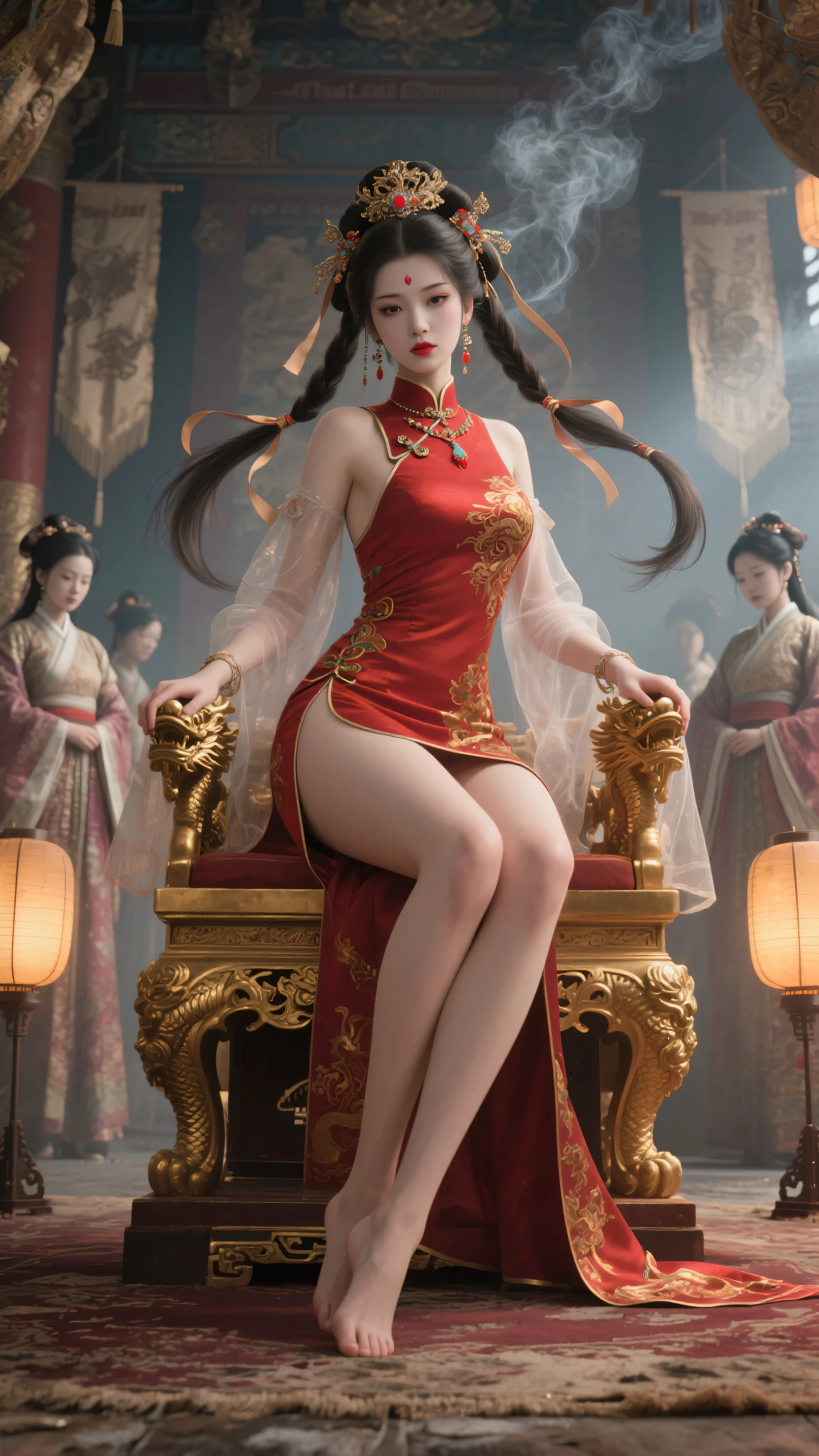 Chinese style classical princess, half squat, pearl jewelry, face crimson, flush, princess crown, phoenix robe, stilet heels, stiletto heels, big breasts, white skin, 8k