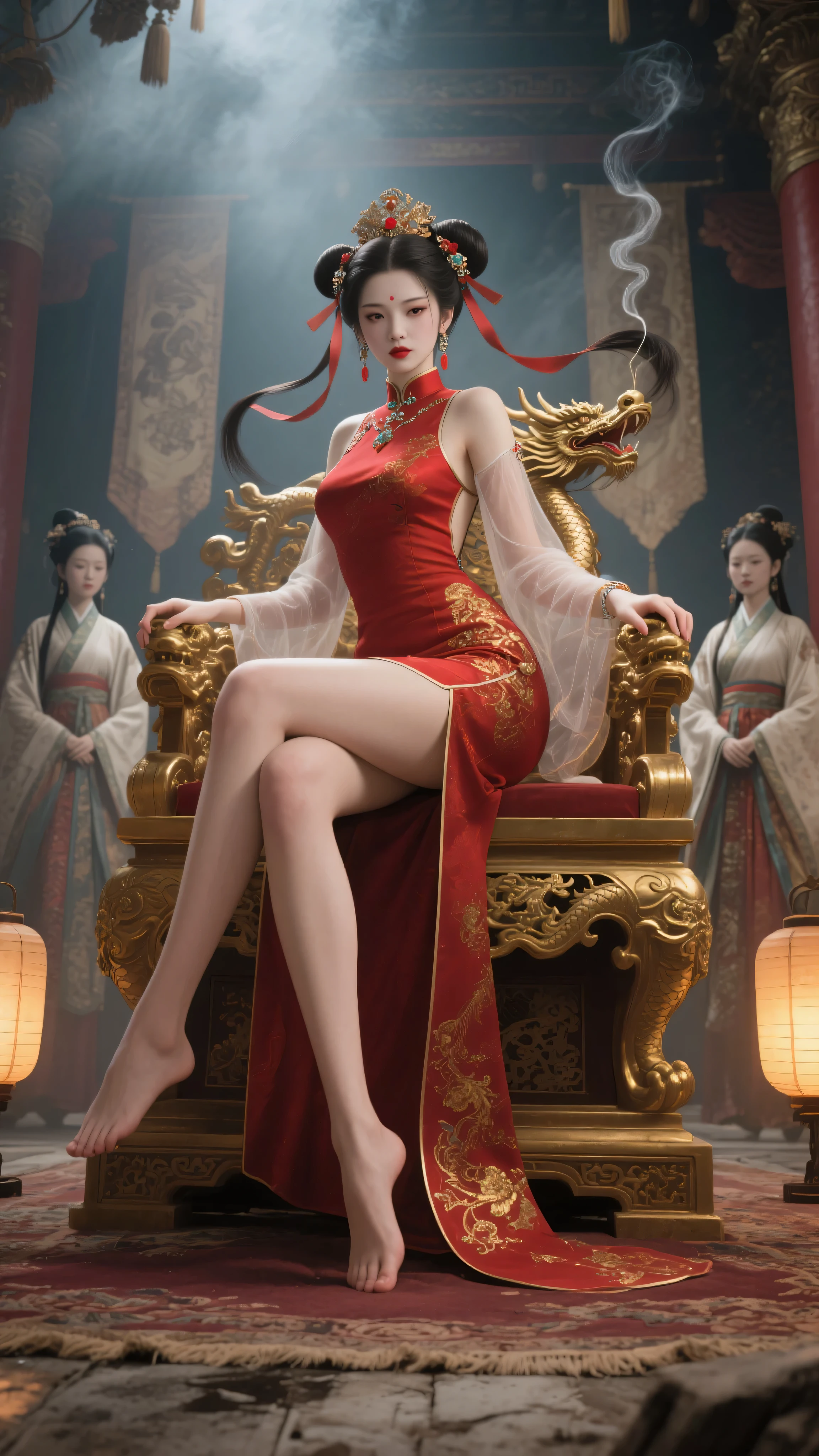 Red cheongsam,((whole body)), ((Sitting)), ((The hem is long, Sexy long legs)), model, Young beautiful girl, Striking an elegant pose, Charming pose, Heat and cold, Beautiful and delicate eyes, Full breasts, slim body, Features, masterpiece, best quality, official art, Rich details, Clear face, Professional lighting, Physically based rendering, Necklace, Light makeup,Starry sky background,Sitting on the stars