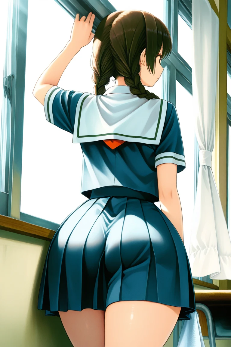 Highest quality,wonderful,finely,Highly detailed CG Unity 8k wallpaper, (High Contrast), Sailor suit, (Light blue striped underwear), (Beautiful ass:1.3),(Black Stockings),(Thighs:1.2)
