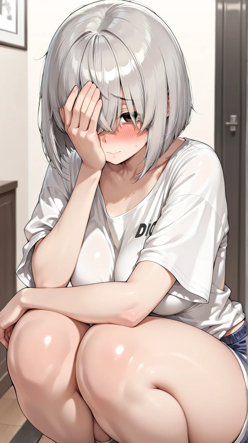 nsfw,beautiful girl,Anime Face,older sister,Gray Hair,ponytail,steam,(low quality,worst quality:1.4),extra limbs,missing limb,extra digit,fewer digit,missing digit,missing finger,fused fingers,mutated hands and fingers,1girl,sweat,white t-shirt,Jeans,squatting,blowjob face,front