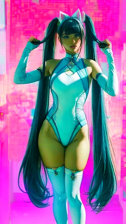 Super Idol a beauty girl A charming smile sky blue hair length hair Twin-tailed Glittery bright pink and white and blue and yellow leotards facing front Mystical Fantasia constellation a moon Crystal Brilliance Aurora Borealis in the Night Sky