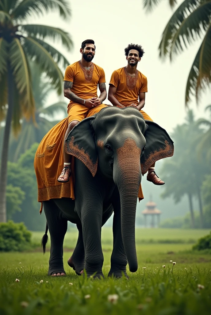 Generate a pic of a 2 man in half naked in front of an elephant