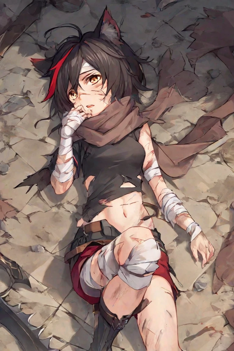 Woman falling to the ground、Painful expression、Kung Fu Master、Mature、Gloves、Brown Hair、short hair、Headband、Red clothes、black tights、Trained biceps、Damaged shoulder armor、Elbow pads、desert、Torn tights,Sweat,Blood stains on the body,Disheveled Hair,Blood from the head,Dirty clothes,Aza on the face,Dirty body