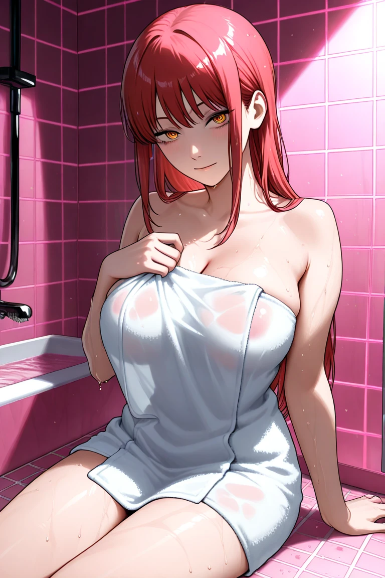 ((adult woman, with very long red hair, huge breasts, in the shower taking a bath, pussy all wet with sperm lying on the floor, breasts gushing out a lot of milk, cupping her chest, cupping her vagina, all naked, facing the viewer, completely naked))),