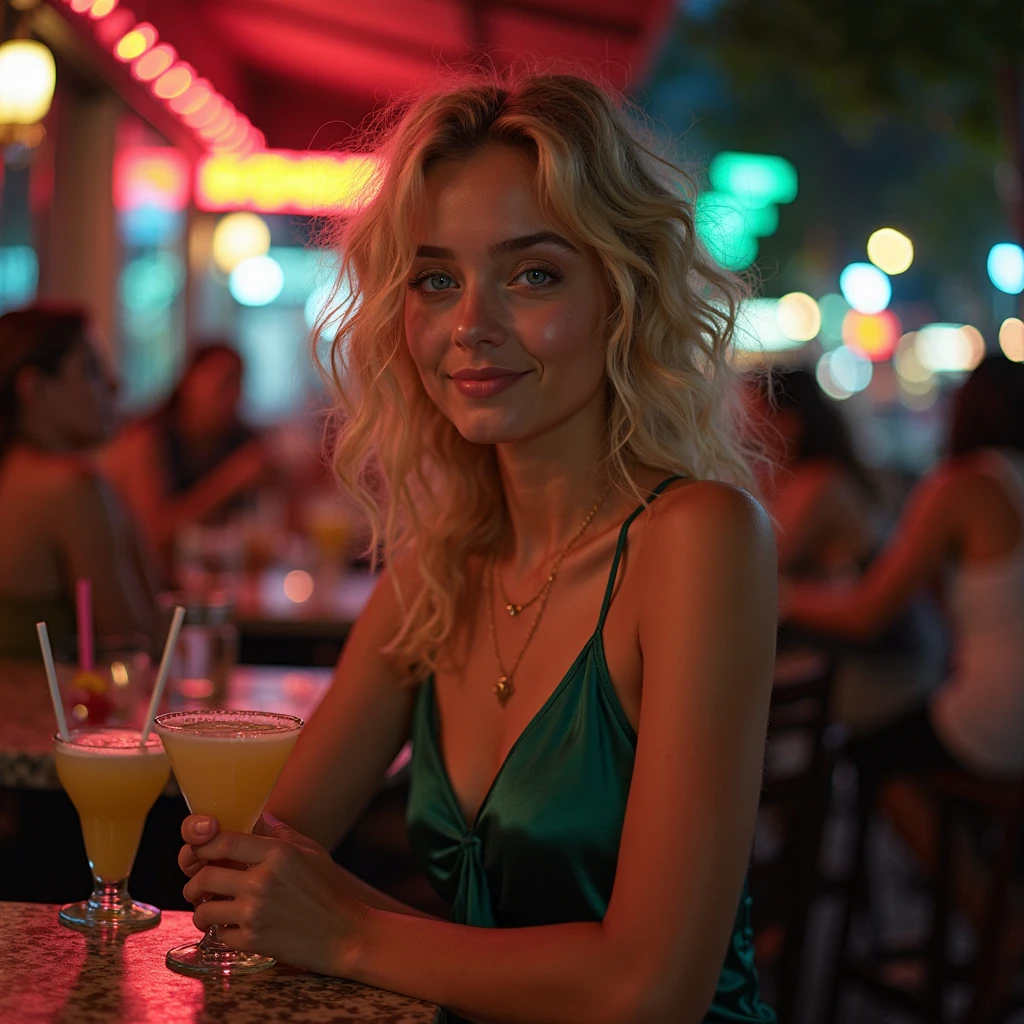 super cute pink blonde woman in dark theme, restaurant, hotel, beach, evening, mountain