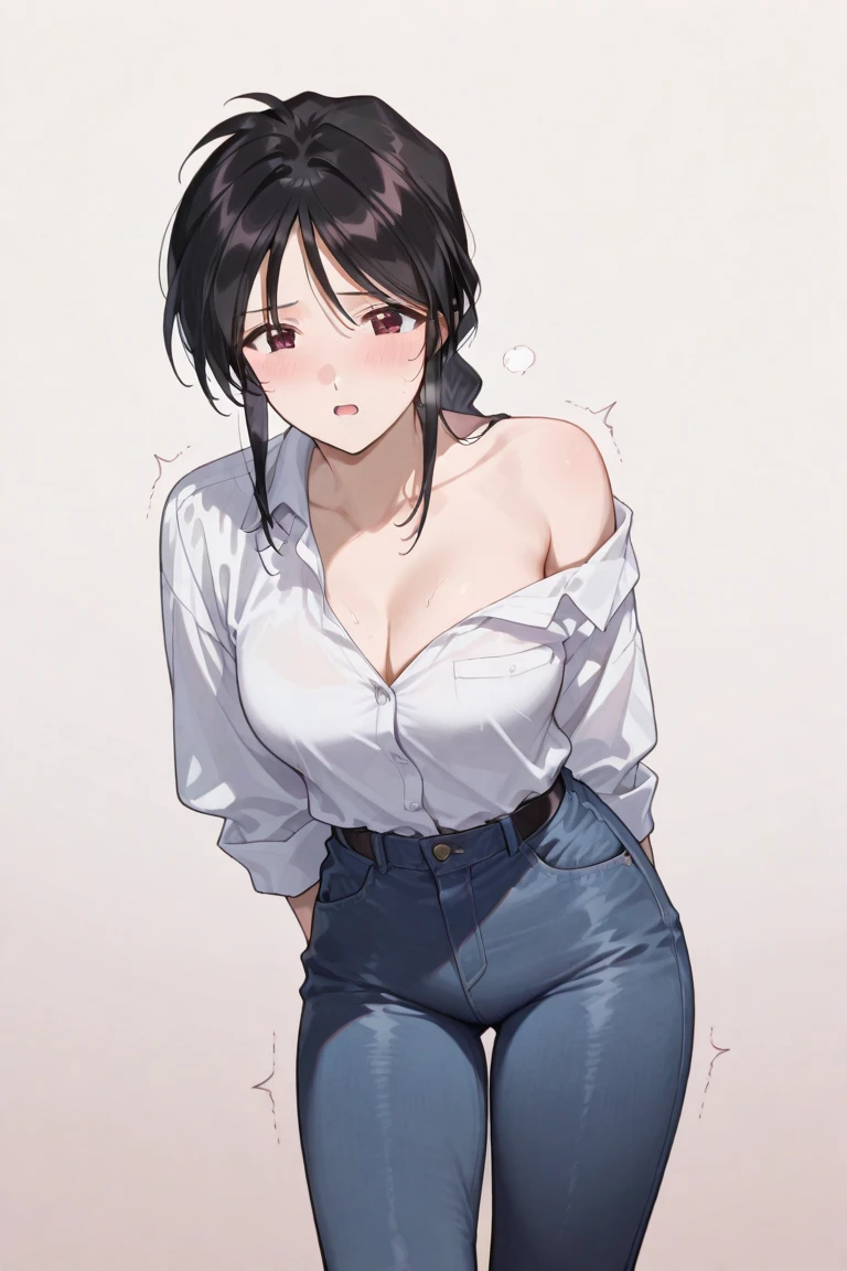 (score_9,score_8,score_7_up,score_6_up)sinozick style,flat color, dark theme
sirknightbot fatal_fury shiranui_mai commentary english_commentary highres 1990s_(style) 1girl belt breasts brown_eyes brown_hair closed_mouth collarbone cropped_shirt denim large_breasts long_hair navel pink_background ponytail purple_background retro_artstyle shirt smile solo two-tone_background white_shirt