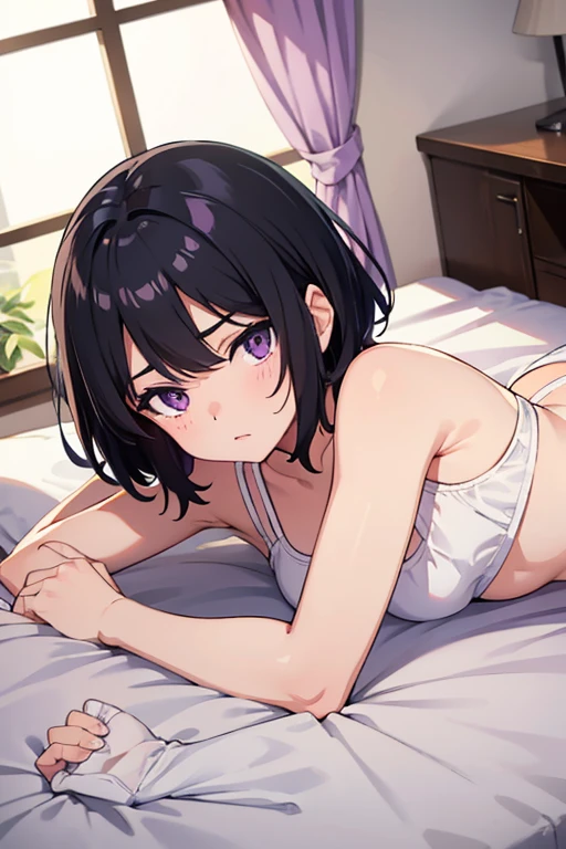 Girl with black hair showing her panties to the camera , looking at the camera, corada, calcinha branca transparente dando pra ver sua vagina, buceta, private part, Lying position, encima de uma cama, abrindo as pernas, body towards the camera
