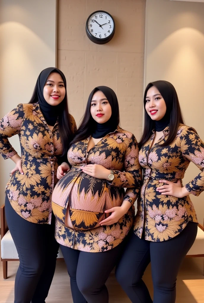 Malay women, wearing a modern Muslim hijab wet kebaya, wet dripping clothes, all covered, big breasts, perfect body, big thighs, small hips, smile