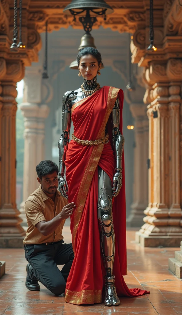 a half robot half human guy sitting in front of fallen taj mahan and a beautiful girl is running toward him wearing red saree